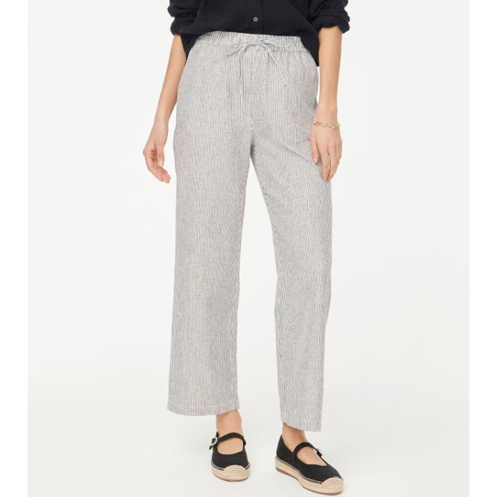 J.Crew Linen Blend Slim Wide Leg Drawstring Pants 14 Black White Striped Relaxed